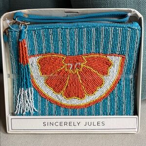 NWT SINCERELY JULES Beaded Clutch Wristlet, Orange Turquoise Citrus,Viral Design